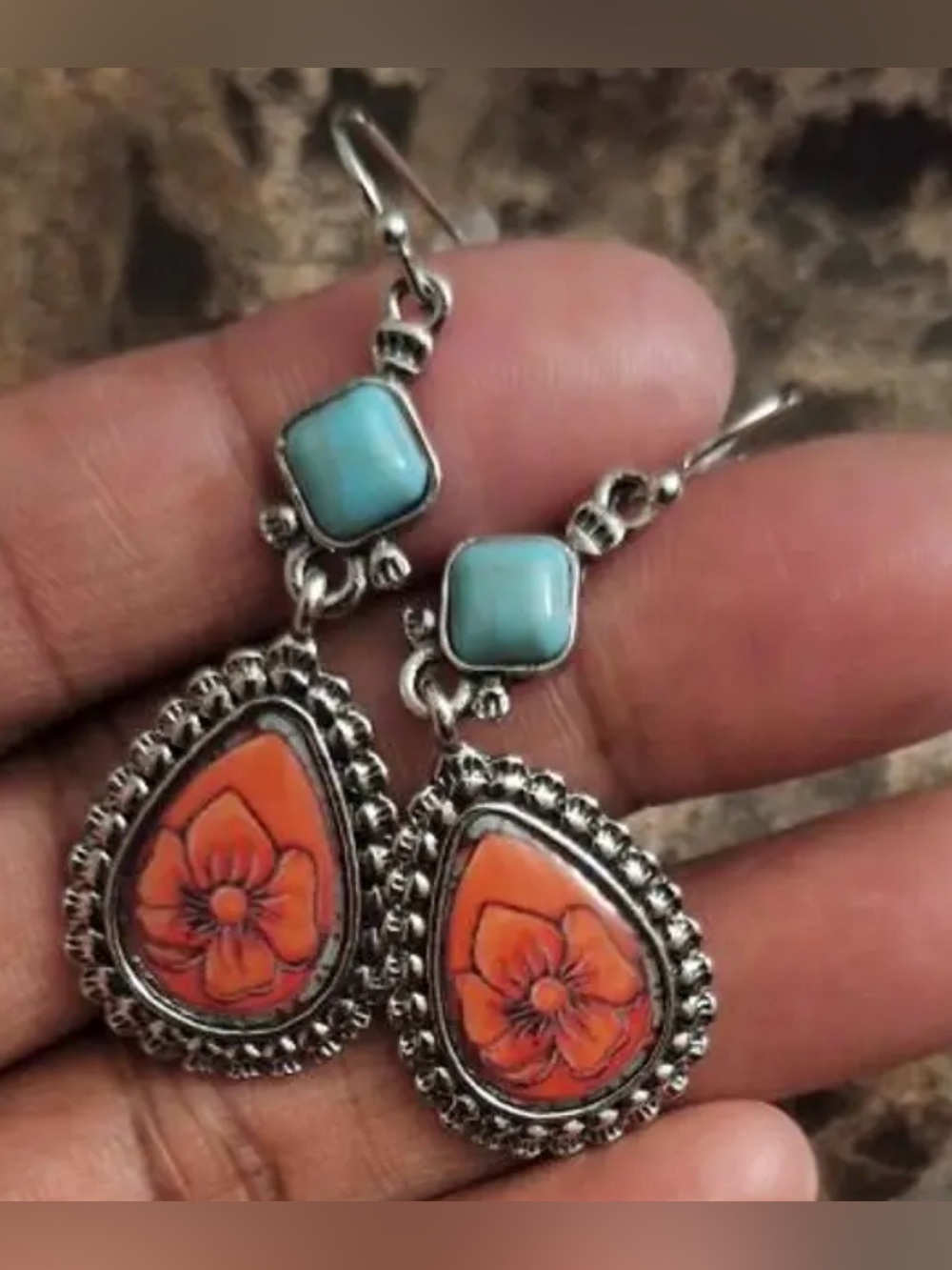 Orange Floral Teardrop Earrings with Turquoise Accent